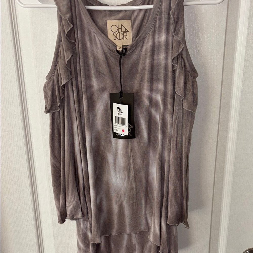 Chaser Gray Asymmetrical Ruffled Off Shoulder Top